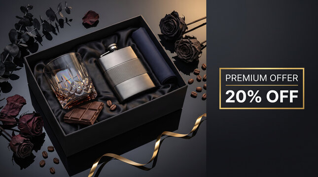 Price tag 20 percent off. Luxury men gift box with crystal whiskey glass, hip flask, chocolate and dark roses on satin. Premium discount promotional offer. Special sale promotion banners.