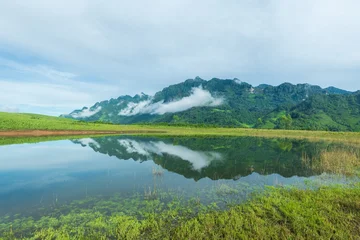 Beautiful pond and natural panoramic countryside landscape with mountains. © yotrakbutda