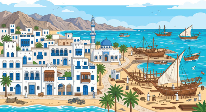 Coastal city architecture features traditional buildings and a bustling shipyard with wooden dhows docked along the sandy shore.