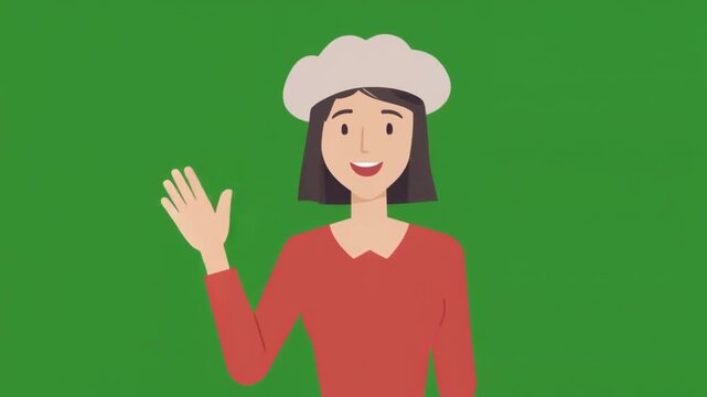 Friendly female chef character waving hand isolated on green screen chroma key background.