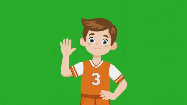 A friendly cartoon boy wearing a basketball uniform waving his hand isolated on green screen chroma key background.