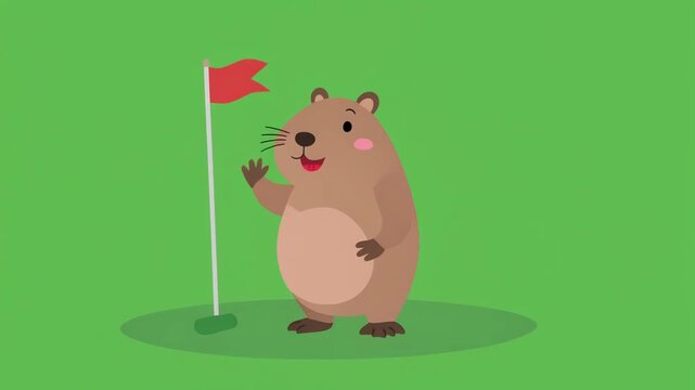 Cute cartoon groundhog waving hand next to a red flag isolated on green screen chroma key background.