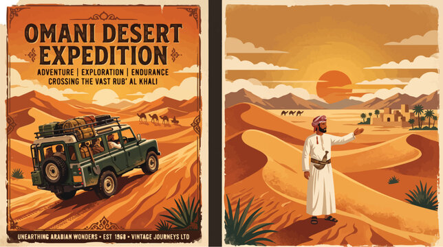 Omani desert expedition poster features a rugged off-road vehicle navigating golden sand dunes and a traditional explorer pointing toward a remote village.