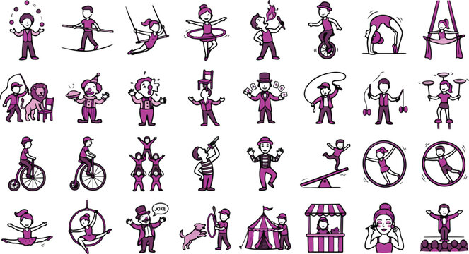Circus performers including acrobats, clowns, and jugglers appear in this comprehensive set of stylized purple line icons.