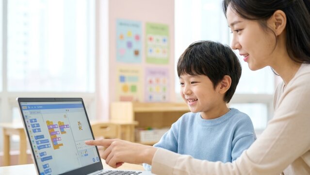 Education - Asian Teacher and Young Korean Boy Learning Scratch Coding Together on Laptop in Bright Classroom