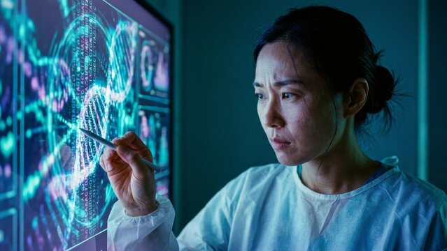 Medical - Asian Female Scientist Analyzing DNA Sequence Data on Glowing Futuristic Digital Display Screen