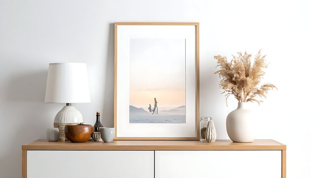 Wooden picture frame on a side table with lamp and pampas grass bouquet decor