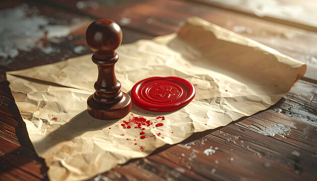 Wooden stamp and red wax seal on old parchment paper, vintage document authentication, historical contract or secret letter, notary seal