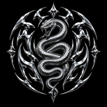Metallic Chrome Snake Tribal 3D Emblem Luxury Silver Serpent Design