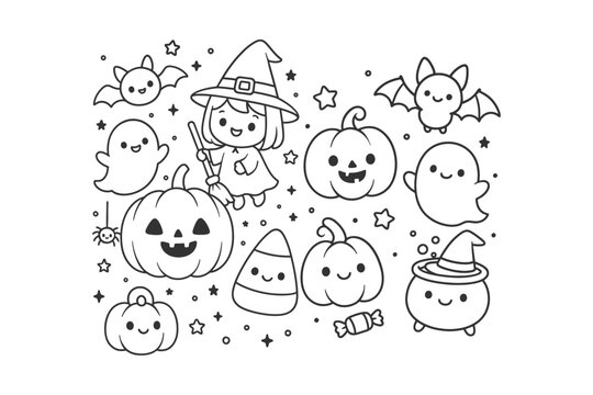 Cute little witch character with friendly ghosts and smiling pumpkins in a black and white hand drawn doodle art style