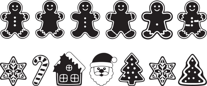 Black and white Christmas icons and characters on white background