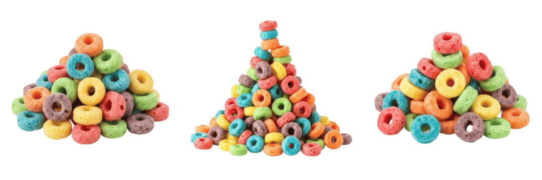 Isolated Scattered Mound of Colorful Fruit Cereal Loops PNG Cutout Set. Sweet Crispy Ring Breakfast Cereal Graphic Element for Morning Meal Branding, Nutrition Product Design, Transparent Background C