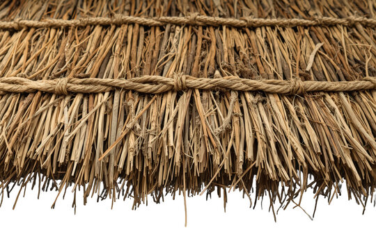 Traditional thatch roof texture with natural dry straw and bound rope, featuring a rustic village hut style with transparent background