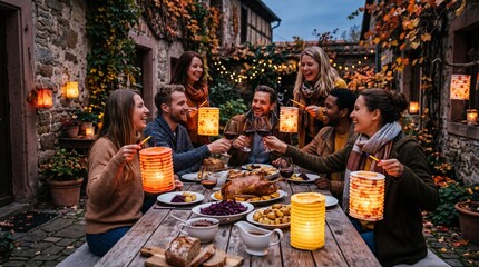 Friends celebrating St. Martin's Day with a roasted goose feast and lanterns