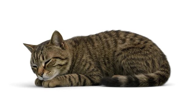 A realistic 3D render of a brown striped tabby cat resting peacefully and sleeping on its side, isolated against a plain white background. Excellent for veterinary clinic ads, pet care products, domes