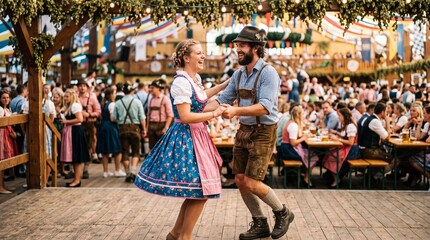 Obraz premium Happy couple in traditional dirndl and lederhosen dancing at Oktoberfest