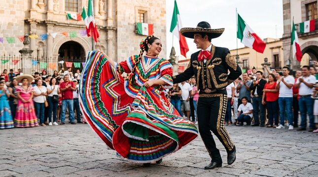 Mexican couple performing traditional Jarabe Tapatio folklorico dance in plaza