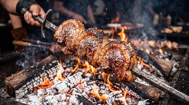 Juicy Brazilian Churrasco Picanha Steak Grilling Over an Open Fire BBQ Pit