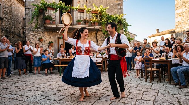 Couple dancing traditional Italian Tarantella in a rustic village square.