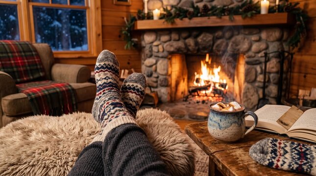 Cozy winter relaxation in a rustic cabin with hot chocolate by the fireplace