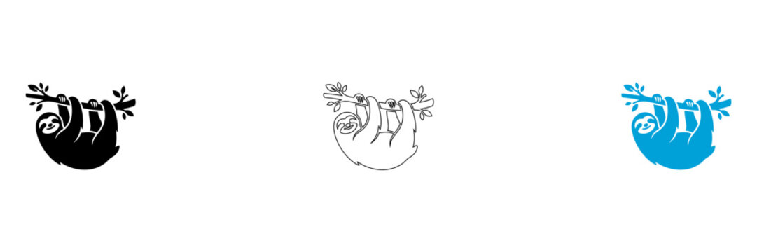 Sloth hanging from tree branch illustrations in black line art and blue