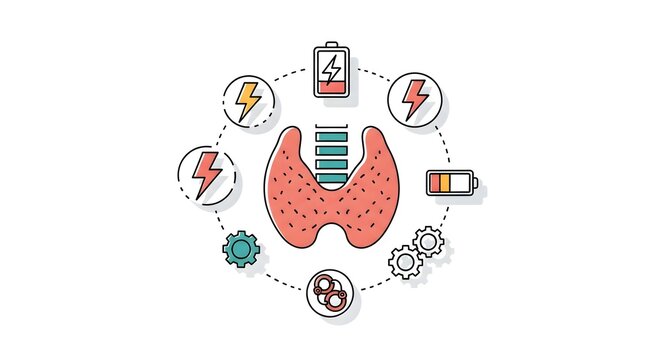 Detailed illustration of the human thyroid gland surrounded by icons symbolizing energy, metabolism, and health regulation.