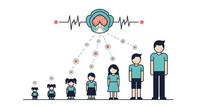 Illustration of human growth and brain development from childhood to adulthood with neurological activity.