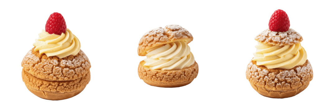 Isolated Classic Gourmet French Cream Puff Profiterole PNG Cutout. Custard Whipped Cream Filled Choux Pastry Graphic Element for Bakery Dessert Menu, Patisserie Branding, Transparent Background Commer