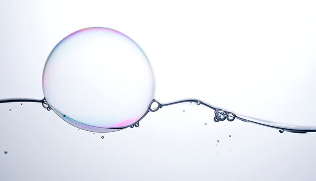 Single iridescent soap bubble resting on calm water surface with gentle ripples and tiny spray droplets, fluid motion, serene atmosphere