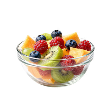 Assortment of fresh fruits displayed in a clear glass bowl on a white surface