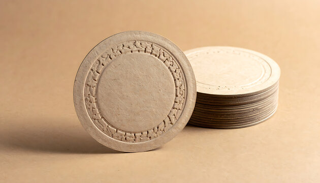 Stack of circular drink coasters made from brown recycled pressed cardboard material