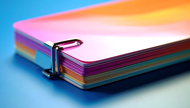 Stack of colorful paper cards held together by a silver metal binder clip, vibrant gradients, office supplies, organization and documentation