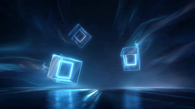 Glowing blue cubes floating in darkness.