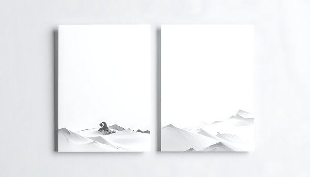 Two vertical posters with minimalist ink wash mountain landscape, oriental zen style