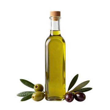 Bottle of olive oil with green and black olives on a white background