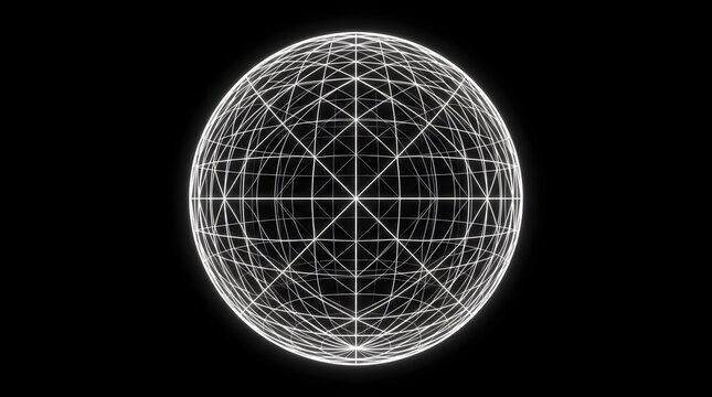 Glowing white wireframe sphere on black background with geometric lines