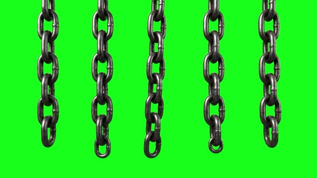 A realistic 3D graphic showing three thick steel or iron metal chains hanging down vertically against a solid green backdrop. This pre-keyed element is ideal for construction videos, industrial themes