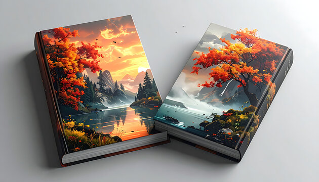 Two closed books with autumn landscape pixel art covers, lake and orange trees