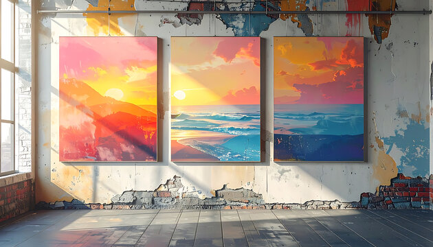 Three triptych pixel art landscape paintings on a distressed industrial wall, perfect for interior design and home staging