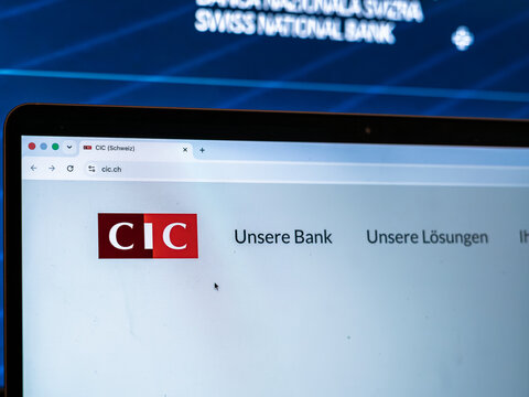 BERN, SWITZERLAND - JUNE 9, 2026: CIC name and red emblem. Bank CIC Switzerland is a Swiss banking institution offering services for private clients, companies and wealth management customers.