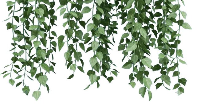 A detailed 3D rendering of lush green hanging ivy leaves and trailing plant vines suspended from above, set against a plain white backdrop. Perfect for botanical garden concepts, nature framing overla