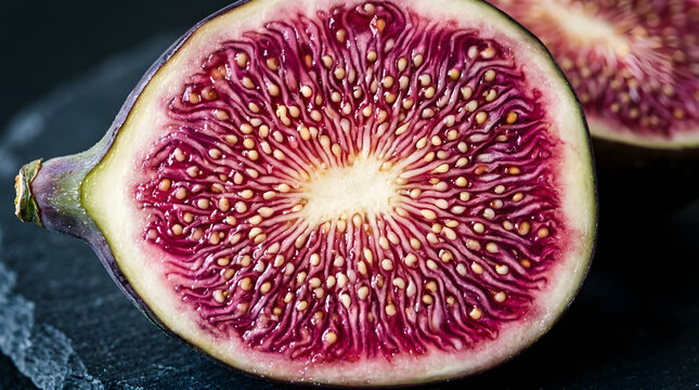 A Close-up View of a Fresh Ripe Fig Cut in Half Revealing the Vibrant Seed Texture and Deep Purple Flesh on a Dark Textured Surface