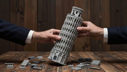 Obraz premium Two hands assemble a tilted Lego Leaning Tower of Pisa on wooden surface.
