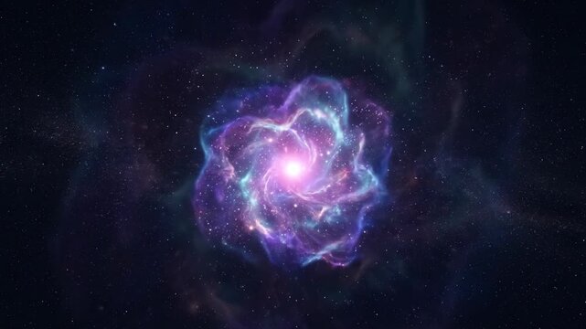 A glowing purple and cyan energy vortex nebula swirling with bright stars and cosmic dust in deep outer space. Excellent for sci-fi motion backgrounds, portal magic VFX, astronomy videos, and futurist