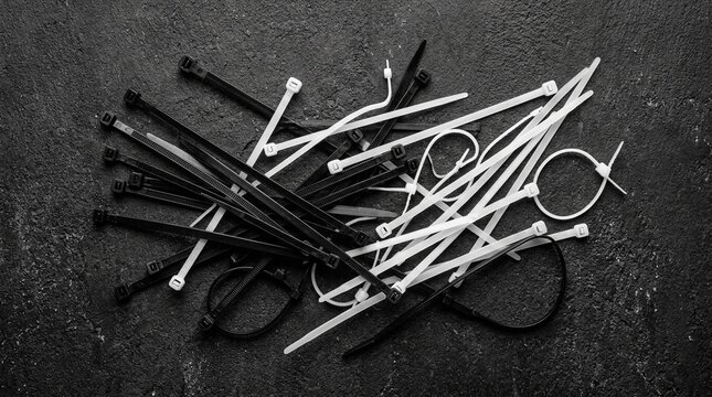 Black and White Nylon Cable Ties Overhead Flat Lay &ndash; Industrial Wire Management Macro