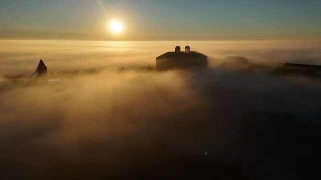 KU Fraser Hall Emerging From Morning Fog Lawrence Kansas