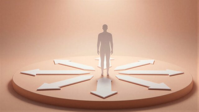 Silhouette stands before arrows, symbolizing choices and life's uncertain path ahead.