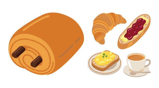 Collection of French breakfast brunch including pain au chocolat loaf, croissant au beurre, tartine beurre confiture, oeufs brouill&eacute;s toast, caf&eacute; au lait cup.