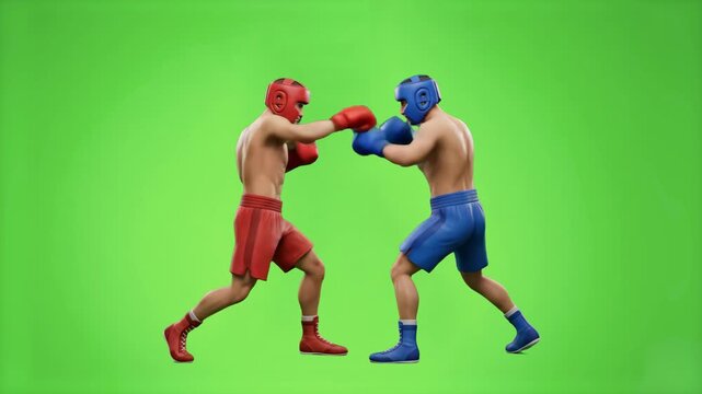 Two male boxers in red and blue shorts wearing protective headgear sparring dynamically on a chroma key green backdrop. Ideal for video editing overlays, sports VFX compositing, amateur boxing promos,