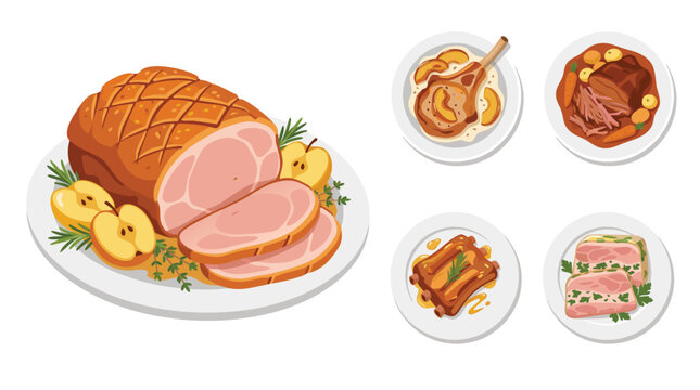 Collection of French pork preparations including porc r&ocirc;ti aux pommes, c&ocirc;te de porc normande, &eacute;paule de porc brais&eacute;e, travers de porc miel, jambon persill&eacute;.